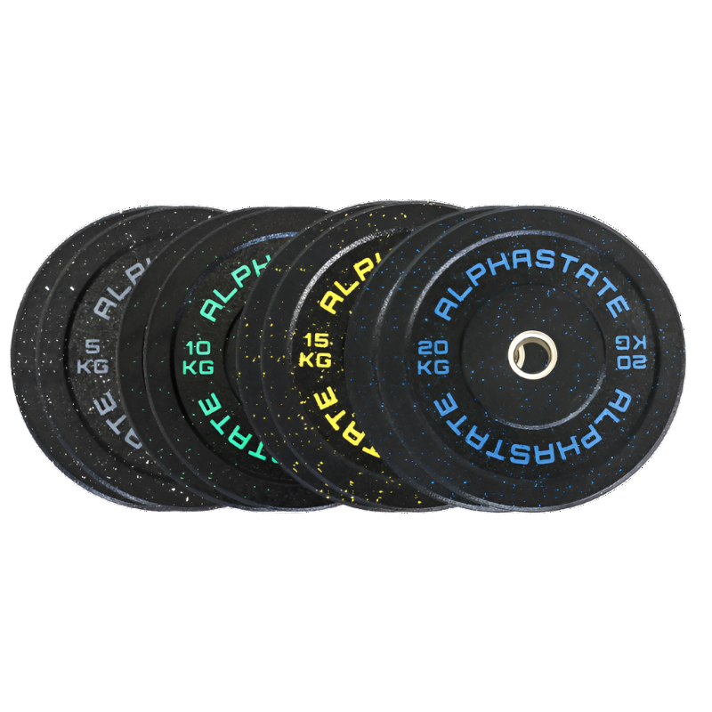 Set of weight plates with 'Alphastate' branding on a white background