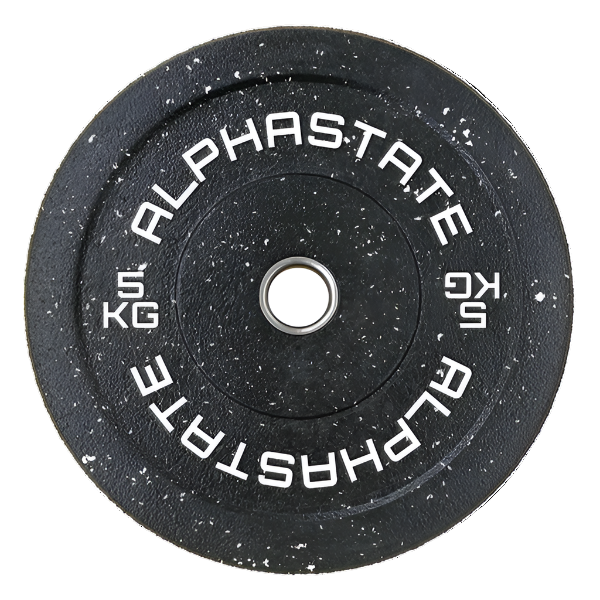 A black speckled bumper plate with the text 'ALPHASTATE' and '5KG' on it, indicating the brand and the weight of the plate.
