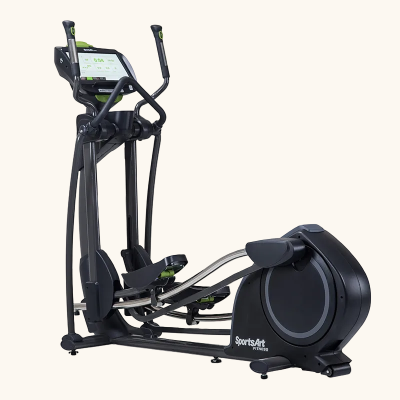 A black SportsArt elliptical trainer with a touchscreen display and green accents.