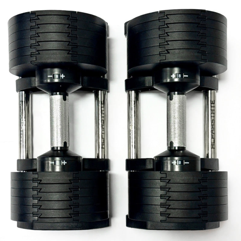 Pair of black adjustable dumbbells on a white background